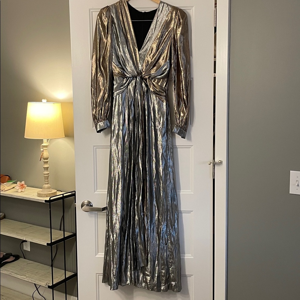Alberta Ferretti Silver Gold Metallic Long Sleeve V-Neck Flowy Maxi Gown US4